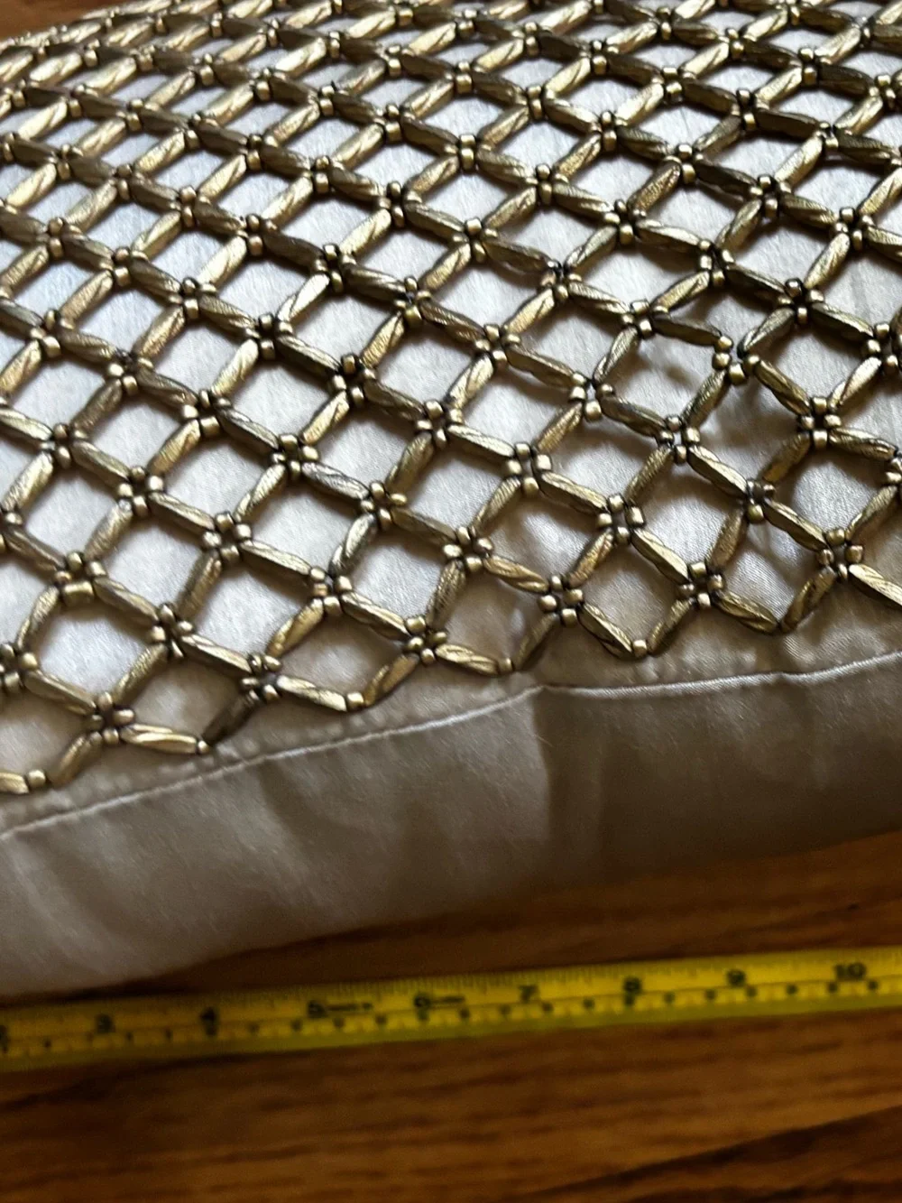 Decorative Beige Pillow with Gold Metallic beaded Net Accent